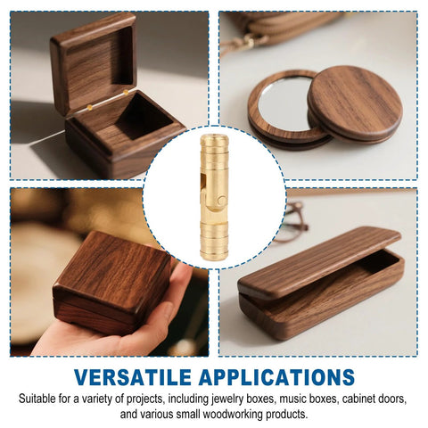 Brass Hidden Cylinder Hinges And Round Magnets Pack for jewelry boxes and small furniture shown with wooden boxes.