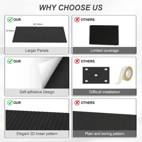 Top Shelf 10 Pack Sound Dampening Panels 48 X 24 Inch Black Acoustic Wall Tiles comparison image showing features like larger panels and self-adhesive design.