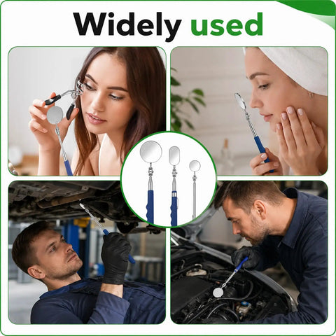 Extendable Telescoping Inspection Mirror Set With Rotating Heads And Long Handle For Mechanics Inspectors And Auto Boat Maintenance Includes 50mm Round 25mm Oval And 30mm Small Round Mirrors used in auto and face inspection
