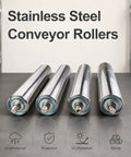 2 Inch Diameter Metal Tube Bearing Roller Set, Heavy Duty Conveyor Rollers 5 Pack, 12mm Shaft, Supports 50-220 Lbs Each, Ideal For Assembly Lines And Material Handling, Close Spacing For Heavier Loads. Stainless steel conveyor rollers shown