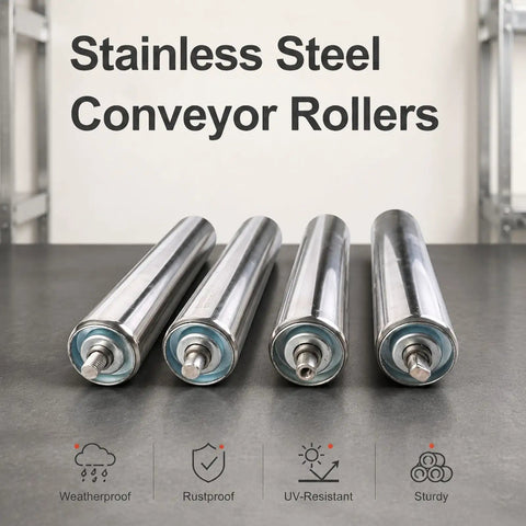 5 Pack 2 Inch Conveyor Replacement Rollers For Warehouse System Heavy Duty Load Support 50mm Diameter Rollers With 12mm Shaft 25-100kg Each Built Tough For Easy Install And Reliable Material Handling. Stainless steel conveyor rollers with threaded shafts shown in a 5-pack.