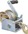 Beefy Hand Crank Boat Winch With 26.3 Ft Cable 600 Lb Capacity Portable Heavy Duty Carbon Steel Zinc Plated Rust Resistant And Weatherproof Compact 8.6 X 8.6 X 6.5 Inch Hoist Winch For Small Boats, side view with hook