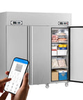 Plug And Play Commercial Refrigerator Freezer Combo 72 Inch Upright Fridge And Freezer With Smart WiFi App Control, stainless steel, dual zone cooler with food inside.