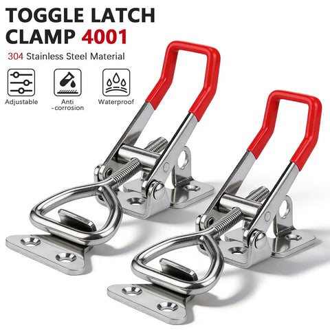 Two Pack 4001 Toggle Latch Clamp With Lock Hole In 304 Stainless Steel Adjustable Draw Latch Holds 330 Lbs Heavy Duty And Includes Ten Screws For Tool Box Trunk Cupboard Door Garage DIY Projects.