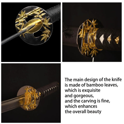 Details of Three Piece Iaido Katana Display Set With Bamboo Leaf Hilt And Gold Accents Dope Silk Wrapped Grips Premium 1045 Carbon Steel Blades