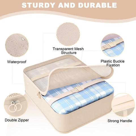 8 Piece Travel Packing Cubes Set With Shoe Bag And Hanging Toiletry Organizer showing waterproof material and mesh design