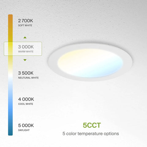 12 Pack Ultra Thin 6 Inch LED Recessed Lights With Junction Box, 5 CCT Selectable 2700K-5000K shown with color temp scale