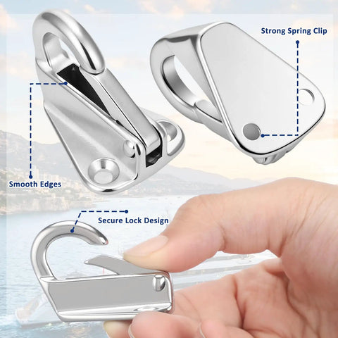 Close-up of Six Pack Boat Fender Hooks in 316 Stainless Steel with spring latch and screws, featuring smooth edges and secure lock.