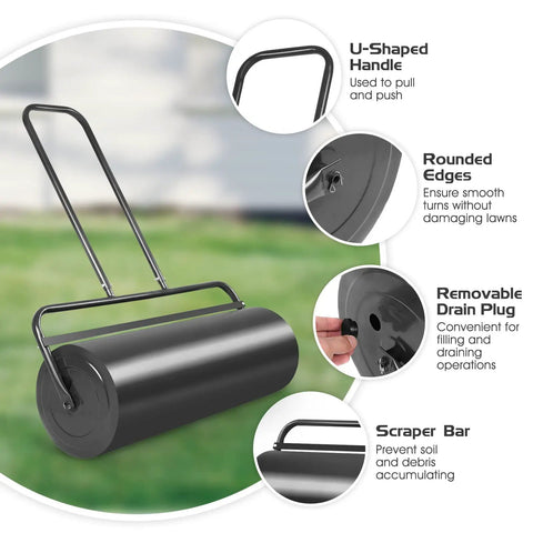 Beefy 36 Inch Lawn Roller With 17 Gallon Capacity For Water Or Sand Filling, showing U-shaped handle and rust-resistant finish.