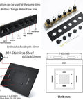 Premium Thermostatic Shower System With LED Strip And Bass Boost Music, Badass Black 6-Way Rain Shower Combo control panel and fittings blueprint.