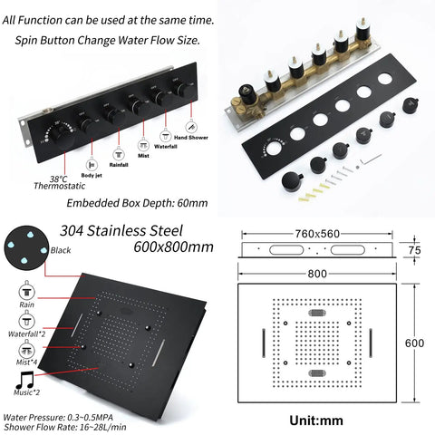 Premium Thermostatic Shower System With LED Strip And Bass Boost Music, Badass Black 6-Way Rain Shower Combo control panel and fittings blueprint.