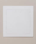Eight By Eight Inch White Access Panel For Plumbing And Electrical Cables Slick Flush Or Surface Mount Design With Heavy Duty Abs Frame Quick Install Between Wall Studs And Ceiling Joists No Sweat Utility Cover, front view.