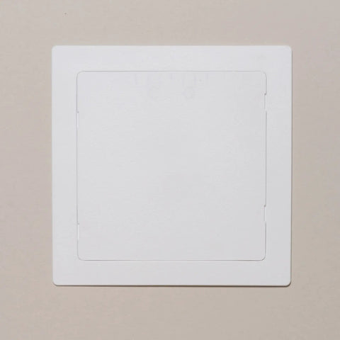 Eight By Eight Inch White Access Panel For Plumbing And Electrical Cables Slick Flush Or Surface Mount Design With Heavy Duty Abs Frame Quick Install Between Wall Studs And Ceiling Joists No Sweat Utility Cover, front view.