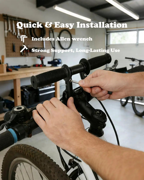 Installing 2-In-1 Kids Bike Handlebar Extender For Mountain Bikes And BMX with Allen wrench, fitting 25-32mm bars in garage.
