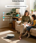 Pet Hair Slaying Slim Robotic Vacuum With Strong Suction Up To 4000Pa in living room, Alexa voice control feature highlighted