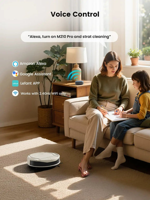 Pet Hair Slaying Slim Robotic Vacuum With Strong Suction Up To 4000Pa in living room, Alexa voice control feature highlighted