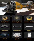 Rugged Brushless Cordless Angle Grinder 4 1/2 Inch With Variable Speed Dial Compatible With 20V Batteries shown with accessories.