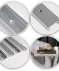 Top Shelf Aluminum Miter T Slot Tracks With Pre Drilled Mounting Holes 4 Pack 48 Inch Bars showing close-ups of textured surfaces and ends.