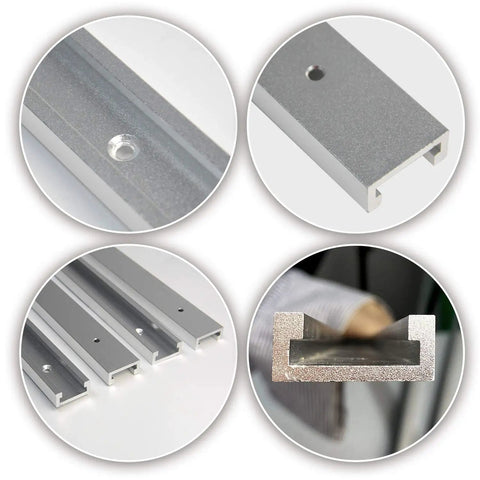 Top Shelf Aluminum Miter T Slot Tracks With Pre Drilled Mounting Holes 4 Pack 48 Inch Bars showing close-ups of textured surfaces and ends.