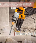 SDS-Plus masonry drill bit attached to a yellow rotary hammer drill, drilling into a concrete block.