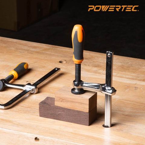Beefy Quick Screw Down Guide Rail Clamps For MFT Tables And Track Saw Guide Rails, showing clamping on wood block