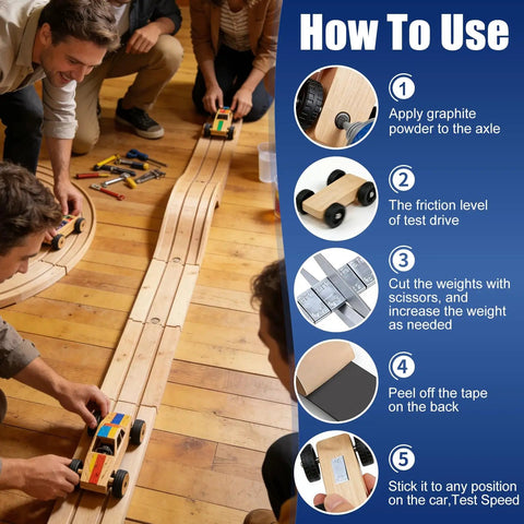 People using Pinewood Derby Graphite Powder Lubricant Kit With 50ml High Purity 3000 Mesh Dry Graphite For Axles And Wheels on track.