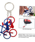 Everyday Carry Bottle Opener Keychain With Bicycle Pendant Multipurpose Lightweight Metal Lid Lifter For Bar And Car Keys Durable EDC Accessory Pack Of Ten shown with red and blue bicycle pendants in use as a bottle opener and bag decoration.