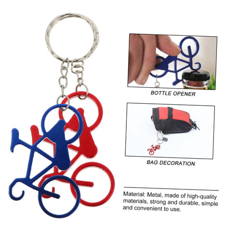 Everyday Carry Bottle Opener Keychain With Bicycle Pendant Multipurpose Lightweight Metal Lid Lifter For Bar And Car Keys Durable EDC Accessory Pack Of Ten shown with red and blue bicycle pendants in use as a bottle opener and bag decoration.