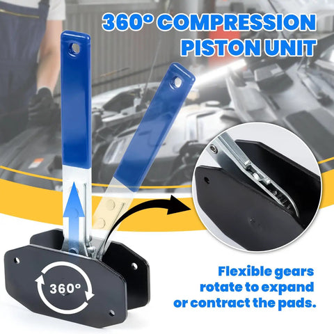 Universal Brake Caliper Press Tool Kit With 360 Degree Ratchet Piston Compressors shown with blue handles and gear mechanism.
