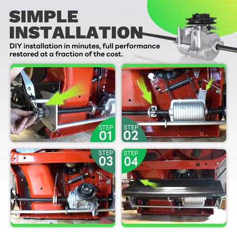 Simple installation steps for upgraded transmission fits Toro Timemaster 30 Inch mowers, ensuring easy DIY replacement.