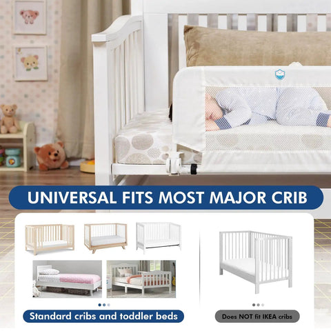 43 Inch Swing Down Crib Rail Guard For Toddlers, Universal Bed Rail, installed on white crib, baby sleeping securely