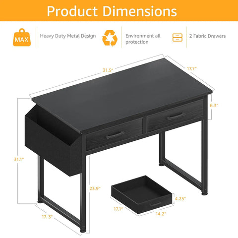Product dimensions of Compact Gaming Desk With Fabric Drawers For Bedroom Or Dorm, 32 Inch Study And PC Table, Black