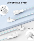 2 Pack Braided Low Profile Flat Power Cords 10 Foot Indoor Extension Cables with 3 Prong Flat Plug under Rug Power Extension