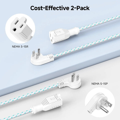 2 Pack Braided Low Profile Flat Power Cords 10 Foot Indoor Extension Cables with 3 Prong Flat Plug under Rug Power Extension