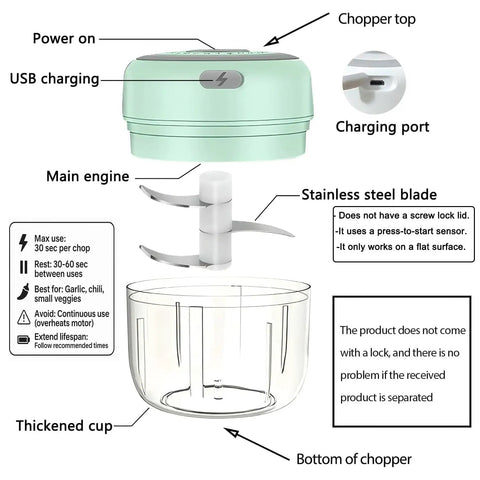 Compact Electric Mini Vegetable Chopper, USB Rechargeable Garlic Slicer And Onion Dicer with stainless steel blade and thickened cup.