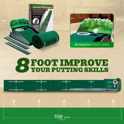 Indoor Golf Putting Mat With Realistic Green Speed And Auto Ball Return Dual Hole Pro Level Practice Mat For Home Office And Outdoor Training 8ft Length Great Golf Gift displayed with features and measurements
