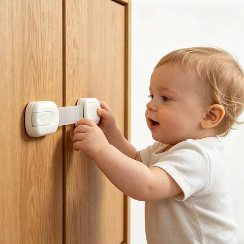 Baby attempting to open cabinet secured with 12-Pack No-Drill Child Safety Cabinet Locks With Adjustable Adhesive Straps, Easy For Adults, Tough For Toddlers