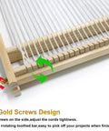 Close-up of large wooden weaving loom kit with 4 gold screws for kids and adults, featuring cords and toothed bar.