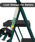 Compact Folding Step Ladder With Wide Anti Slip Pedals, Lightweight Steel Step Stool, 2 Steps, Handgrip; green with lock detail