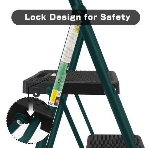 Compact Folding Step Ladder With Wide Anti Slip Pedals, Lightweight Steel Step Stool, 2 Steps, Handgrip; green with lock detail