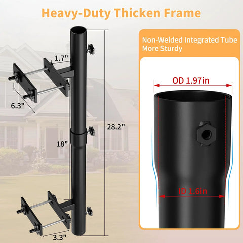 Heavy Duty Patio Umbrella Holder For Deck Railings Stainless Steel Windproof Base and Mount Brackets, close-up dimensions shown