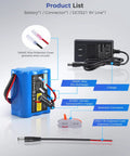 24V 2600mAh Li-Ion Rechargeable Battery With Charger, Bare Leads And Cable Connector, power pack components display