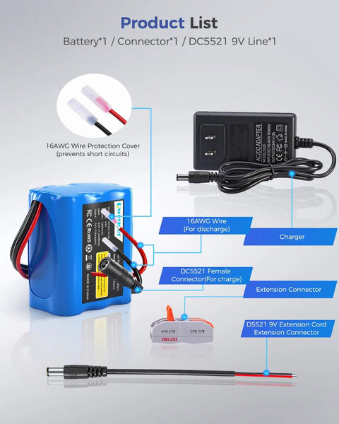 24V 2600mAh Li-Ion Rechargeable Battery With Charger, Bare Leads And Cable Connector, power pack components display