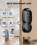 Video Smart Lock With Camera And Three In One Smart Deadbolt For Front Doors mounted on a wooden door, featuring keypad and camera.