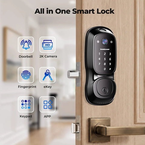 Video Smart Lock With Camera And Three In One Smart Deadbolt For Front Doors mounted on a wooden door, featuring keypad and camera.