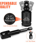 17 Piece Socket Adapter Set And Reducer For Impact Drivers With Universal Joint Sockets, showing 1/2" CR-MO and 1/4" hex shank.