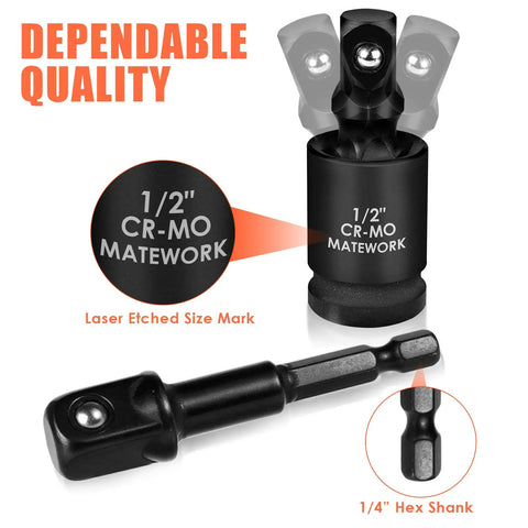 17 Piece Socket Adapter Set And Reducer For Impact Drivers With Universal Joint Sockets, showing 1/2" CR-MO and 1/4" hex shank.