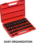 Master Impact Socket Set for Three Eighths Inch and One Half Inch Drives, 38 Piece, shown in red case with deep and shallow sockets.