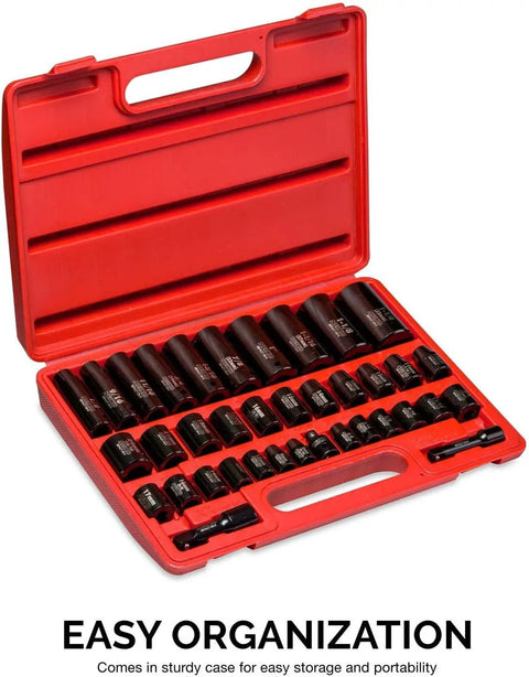 Master Impact Socket Set for Three Eighths Inch and One Half Inch Drives, 38 Piece, shown in red case with deep and shallow sockets.