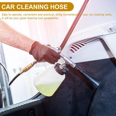 Straight Up Rotatable Air Blower Hose And Plastic Extension Tube Quick Connect Air Compressor Adapter Knock Out Dirt With This Heavy Duty Auto Detailing Accessory For Car And Truck Cleanup, hand holding the tool in action.